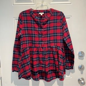 Wrangler Holiday Plaid Flannel Shirt Medium Peplum Long Sleeve Red Navy White